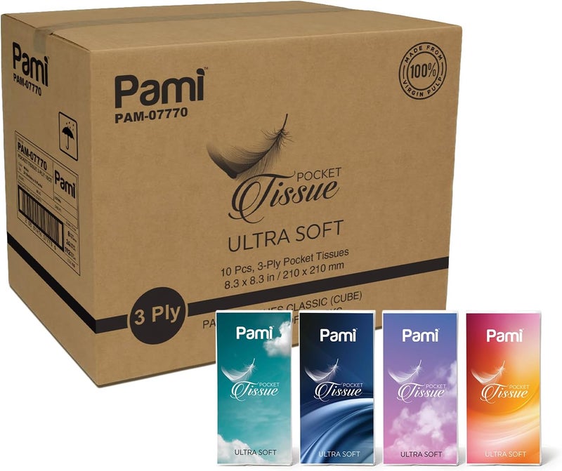 PAMI Ultra-Soft Pocket Tissues [Case of 24 Packs of 8 x 10 Tissues] - 3-Ply Travel Tissue Packs For Kids & Adults- Paper Facial Tissues For Purse, Pocket, Car- Strong & Absorbent Paper Handkerchiefs - Image 1
